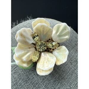 Vintage Regency Fleur De Paris Brooch Flower Ivory Rhinestone Whimsy Art To Wear